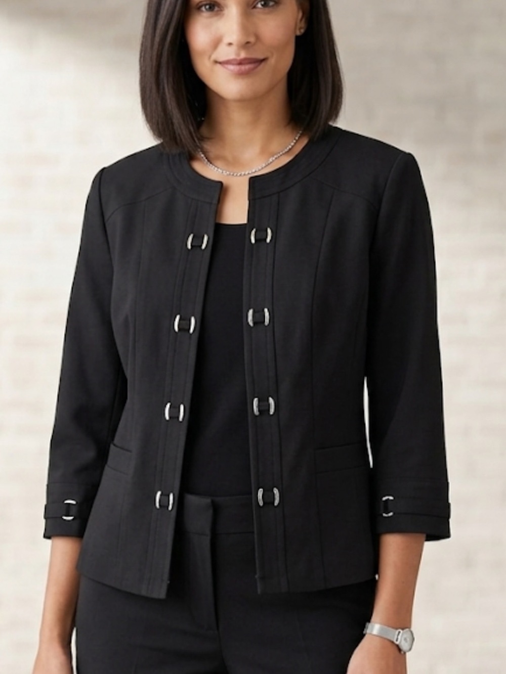 Christopher & Banks Women’s Black Collarless Jacket silver accents NWOT medium